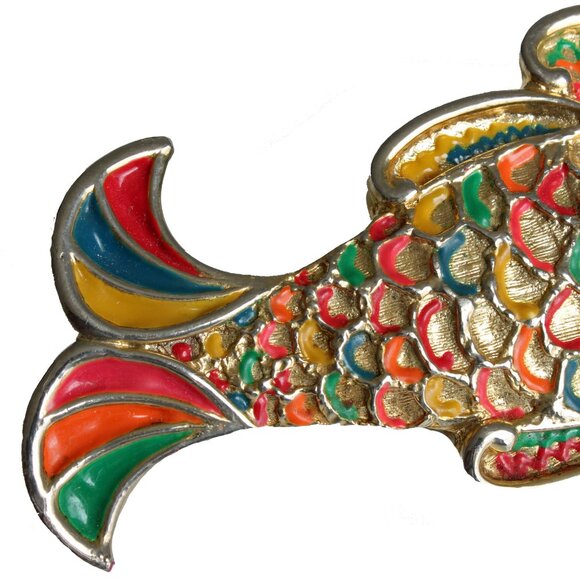 Mimi D In Koi Fish Belt Buckle Gold Metal Enamel Oversized Rare Vintage - Picture 4 of 11